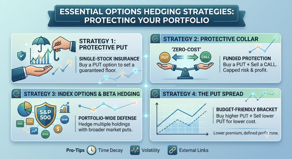 Shows a chart with a solid line chart and a dashed line below it. Text defines this as a "BUDGET-FRIENDLY BRACKET," noting: "Buy higher PUT + Sell lower PUT for lower cost. Lower premium, defined profit zone."